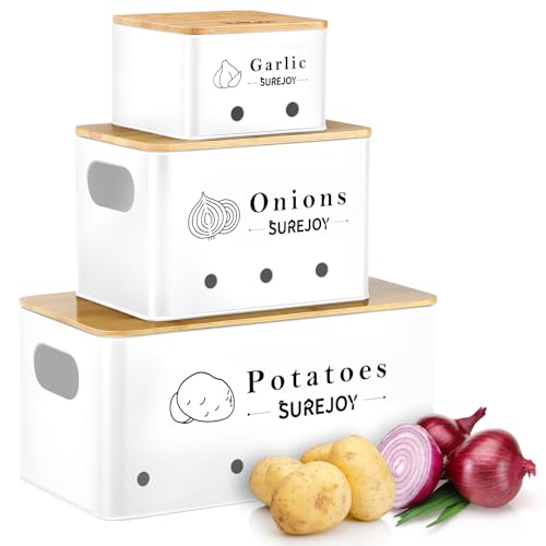 Surejoy Kartoffel Aufbewahrungsbox 3er Set, Vorratsdosen für Zwiebel Knoblauch Aufbewahrung, Hält Gemüse Länger Frisch, Küche Organizer Knoblauchtopf Kartoffelbox Zwiebeldose Behälter(Weiß)