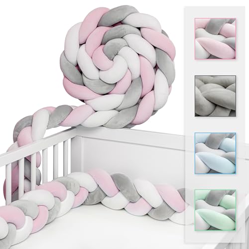 Bettschlange geflochten in 2 oder 3 Meter • Vergleichssieger 2021 • Babybettumrandung • inkl. GRATIS Tasche und Wäschenetz • geprüfte ÖKO TEX Qualität • 300x15x10cm • Rosa/Weiss/Grau