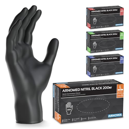 ARNOMED 200x Einweghandschuhe Schwarz, Einmalhandschuhe L, Nitrilhandschuhe puderfrei, Handschuhe Einweg latexfrei, Gummihandschuhe Einweg, Handschuhe Nitril, Einmalhandschuhe S, M, L & XL