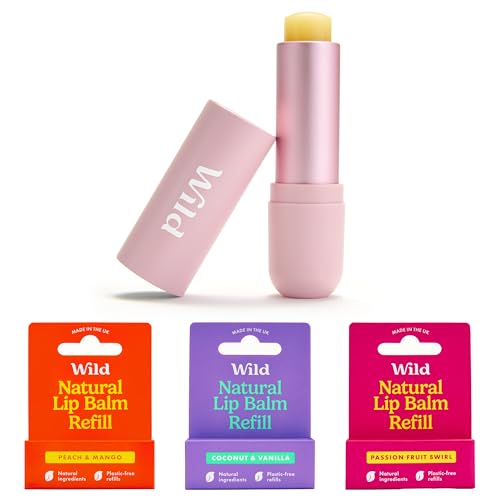 Wild Natürliches Nachfüllbares Lippenbalsam-Starter-Set - in Rosa Aluminiumcase & 3er-Pack Lippenbalsam in verschiedenen Duftnoten - enthält die Düfte Peach & Mango, Coconut & Vanilla und Passionfruit