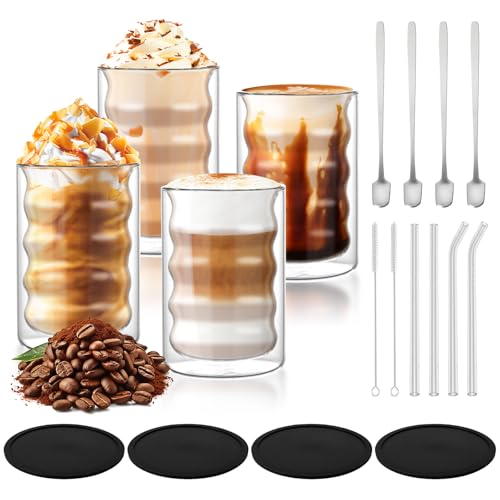 Taimimy Latte Macchiato Gläser Doppelwandig 350ml 4er Set mit 4 Löffeln, Doppelwandige Kaffeegläser Cappuccino Tassen, Espressotassen Thermogläser Teegläser aus Borosilikatglas(4x350ml+4 Löffel)