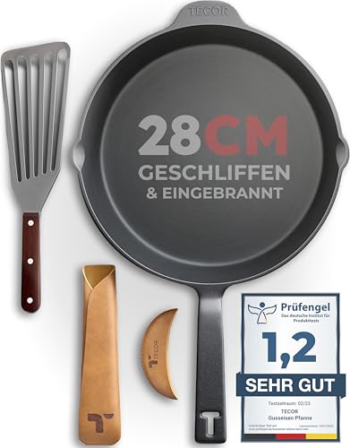 TECOR® Gusseisenpfanne Induktion 28cm inkl. Zubehör - geschliffene Oberflächen I Bratpfanne Induktion, Gusseiserne Pfanne, Cast Iron Pan, Gusspfanne Grill, Eisenpfanne, Pfanne Gusseisen