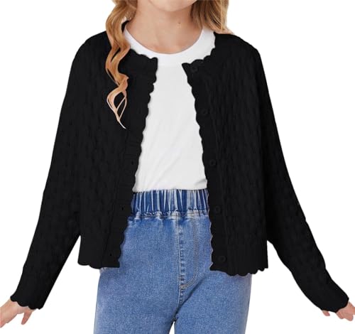 GRACE KARIN Lässiges Pullover Mädchen Lange Ärmel Rundhals Knitted Cardigan mit Mustertextur Schwarz S