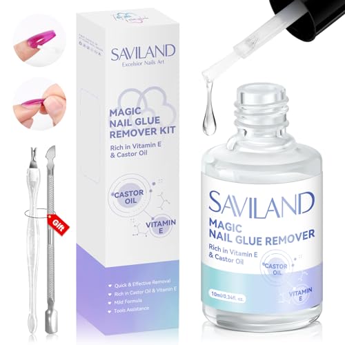 Saviland Nagelkleberentferner-Set: Rizinusöl,Vitamin E,Nagelkleberentferner für Kleber auf den Nägeln,Nagelhautschieber,zum Aufdrücken der Nägel,künstliche Nägel,Nagelgabel,Aufdrücken von Nägeln