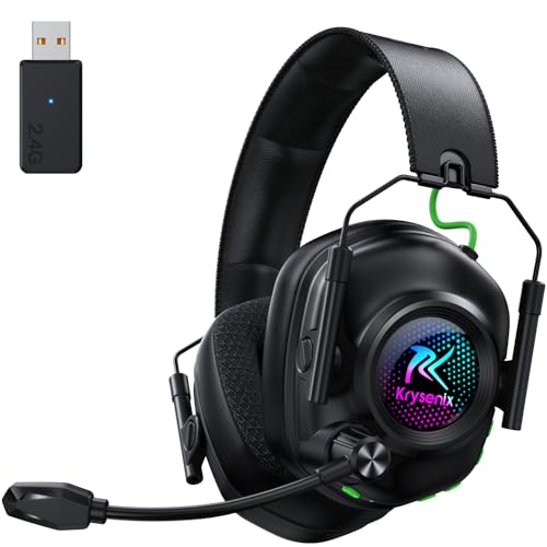 Krysenix KGH2 Gaming Headset Wireless, 2,4G Gaming Headset für PC, PS4, PS5, Mac, Switch, Bluetooth Kopfhörer Mit Mikrofon Geräuschunterdrückung, LED Licht, 40 Stunden Akkulaufzeit, Schwarz