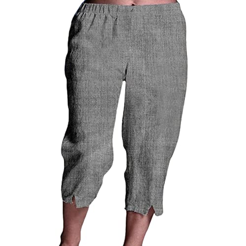 Damen-Sommer-Baumwoll-Leinen-Hosen Capri-Hose für Damen, lässig, Sommer, Kordelzug, elastisch, hohe Taille, Leinenhose, gerade, abgeschnittene Hose Trendyol Hose Damen Freizeithosen für (Grey, XL)