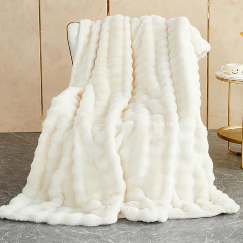 Kuscheldecke Kaninchen Plüsch Decke Super Soft Wohndecke Dick 1000 G/M² Flanell Decke Couchdecke Warme Überwurfdecke Sofadecke Vielseitig Blanket Für Bett Sofa Schlafzimmer Büro Weiß 160 x 200cm