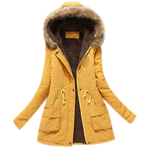 Minetom Damen Winterantel Wattierter Parka Coat mit Pelzkapuze Winterparka Warme Lang Winter Mäntel Outdoorjacke Outwear (Gelb, 44)