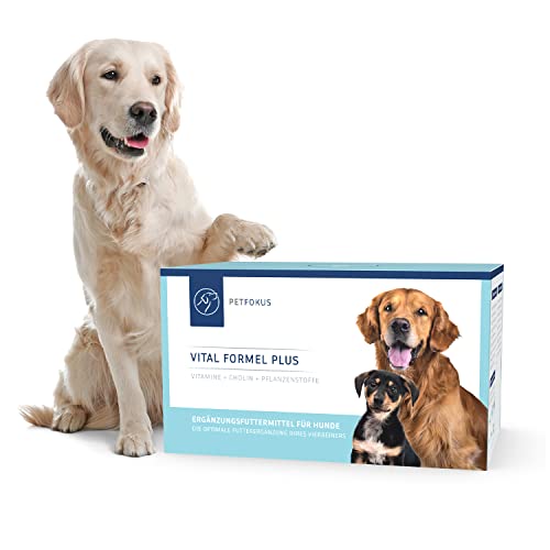 PetFokus Vital Formel Plus | unterstützt Verdauung, strahlendes Fell, Energie & Vitalität | Futterergänzung für Hunde | Vitamine, Mineral- & Pflanzenstoffe I Probiotika & Omega-3 | leckerer Geschmack