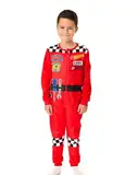 Hot Wheels Jungen Overall | Kinder Einteiler Schlafanzug in Rot | Nachtwäsche Fleece Reißverschluss Jumpsuit mit Rennflammen, Werkzeugen und kariertem Muster | Einteiler Mechaniker Bodysuit