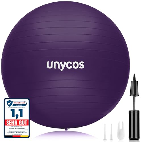 unycos - Gymnastikball 65 cm Sitzball Trainingsball für Yoga, Fitness, Medizinball, Balance Ball, Core Training Strength, Pilates-Ball | Inkl. Pumpe, BPA-Frei, Anti-Burst (Lila mit Logo)