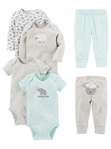 Simple Joys by Carter's Unisex Baby 6-teiliges Set, Bodys (Kurz- und Langarm) und Hosen, Grau/Minzgrün/Elefant/Lamm, 0 Monate