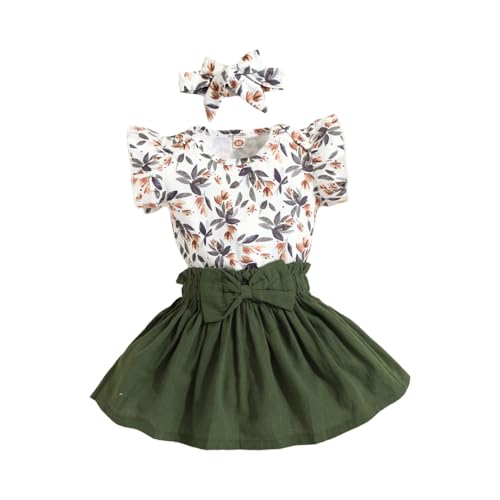 HEOXIN Baby Mädchen Kleidung Sets, Neugeborenes Rüschen Kurze Ärmel Snap Knopf Schritt Bodysuit Schleifenknoten Dehnen Taille Blumen Muster Rock Stirnband Sommer Outfit Babykleidung Grün, 3-6 Monate