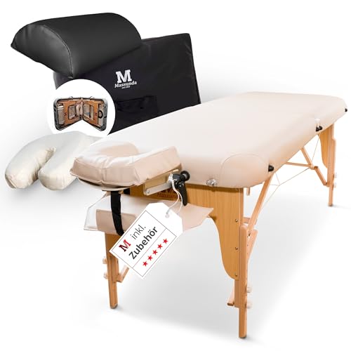 MASSUNDA – Mobile Comfort Deluxe Massageliege klappbar & höhenverstellbar – EXTRA breiter Massagetisch aus Vollholz – Massagebank mit ergonomischer Kopfstütze, Bezug, Armlehne, Kissen (Creme)