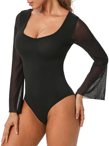 Monbessi Body Damen mit Verstellbaren Druckknöpfen Mesh Bodysuit Women Langarm U-Ausschnitt Blusenbody Damen elegant Bodys (L, Schwarz)