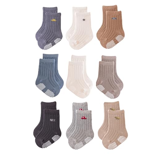 J Poqobog Rutschfeste Socken für Baby Mädchen Jungen 9 Paar Kinder Anti Rutsch abs Socken Sportsocken Stoppersocken (12-24 Monate,Jungen-9P)