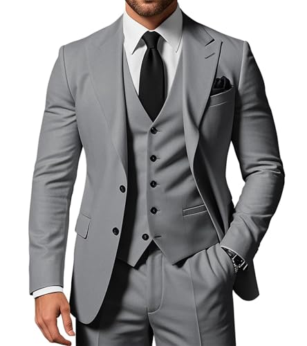 SPTALLFITJSV Herren 3-teiliger Anzug Slim Fit Peak Lapel 2-Knopf Blazer Jacke Weste Hose Set Hochzeit Business Abiball Party Anzug, GRAU, L