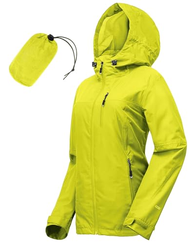 33,000ft Regenjacke Damen Wasserdicht Outdoorjacke Atmungsaktiv Herbst Übergangsjacke Leichte Jacke mit Kapuze Windbreaker zum Wandern Reisen Treking Fahrrad Zitronengrün 36