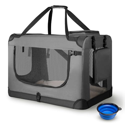 Juskys Hundetransportbox Lassie XL faltbar & tragbar 56x81x58 cm mit Decke, Tasche & Griffen - Faltbare Transportbox für Hunde, Katzen & Haustiere - Oxford Stoff Hundebox Auto Hundetasche - Grau