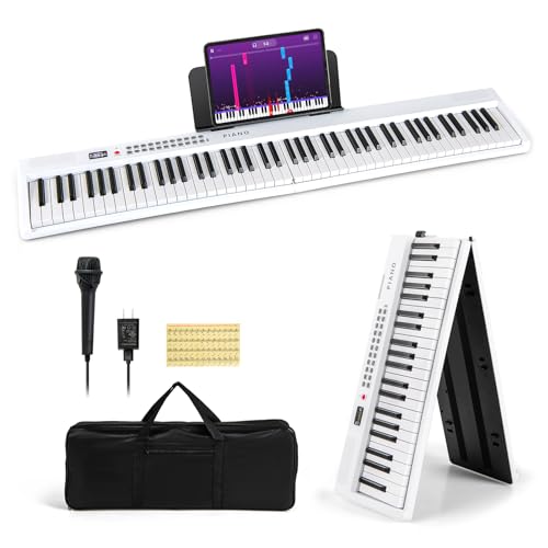 COSTWAY Keyboard Piano 88 Tasten, Klappbares Digitalpiano mit 1000 Rhythmen 1000 Tönen, 150 Demos, Bluetooth MIDI, Klavier Kinder mit Mikrofon & Tragetasche, E Piano für Anfänger (Weiß)