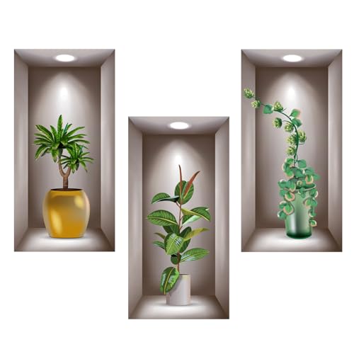 3D Wandtattoo Wohnzimmer Vasen, 3 Pcs Vasen Wandtattoo für Wohnzimmer 3D Grüne Pflanzen Wandaufkleber Selbstklebend Flasche Wandbilder für Schlafzimmer Büro Küche 20×40CM