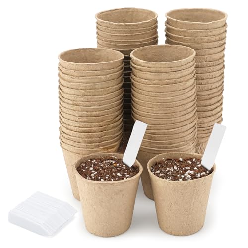 KINGLAKE 100 Stück Anzuchttöpfe Biologisch Abbaubare 8CM, Kleine Aussaattöpfe Papier Zellstoff Rund, Für Sämlingen,Saate, Stecklingen, Mit 100 Stück Pflanzenstecker 5X1CM