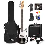 MAX GigKit Bassgitarre Set, E Bass Gitarre, Bass Guitar mit Gitarrenverstärker, Tasche, Stimmgerät, Plektren, Ständer, Gurt, Kabel und Ersatzsaiten - 21 Bünde - schwarz