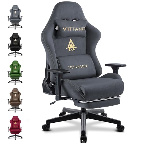 Vittanly Gaming Stuhl, Luxuriöser Atmungsaktiver Wildlederimitat Bürostuhl Gaming Chair, Ergonomischer Gamer Stuhl mit Fußstütze Kopfstütze und Lendenkissen, 3D Armlehnen, 90-155° Rückenlehne, Grau