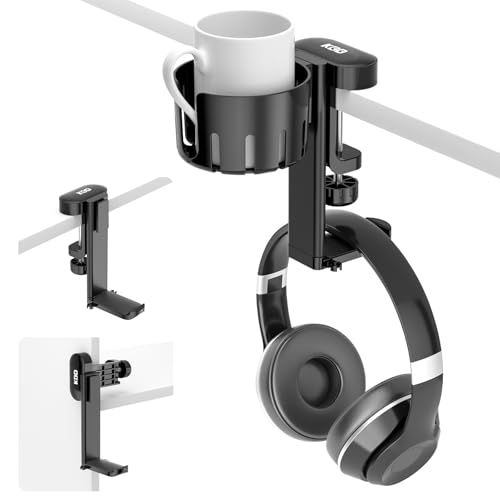 KDD 2-in-1 Headset Halterung mit Desktop Becher Halter - Desktop unter Clip schwenkbarer Kopfhörer Halterung -Headset Halter für Kaffeetassen, Becher und Kopfhörer（Schwarz）