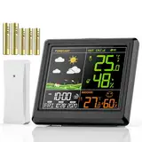 Wetterstation Funk mit Außensensor, 3 Einstellbare Helligkeit, Innen und Außen Hygrometer, Thermometer, Wettervorhersage, Uhrzeitanzeige, Wecker, Farbdisplay, zum Stellen/Hängen