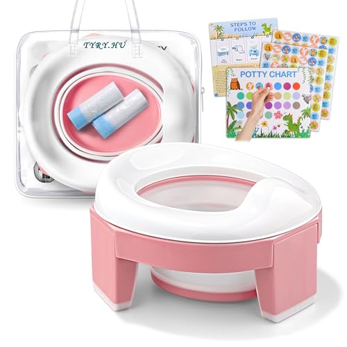 Töpfchen Toilettensitz Kinder 3 in 1 Faltbare WC Baby Potty Training Sitze AuBen Innen Tragbar Reisetöpfchen mit Reisetasche und Einweg Liner Müllsäcke für ab 1 2 Jahre Jungen und Mädchen(Rosa)