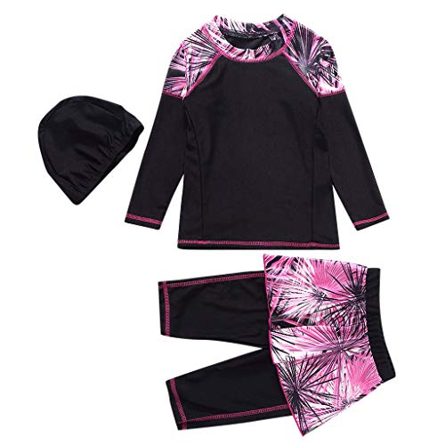 QINQNC Kinder Kleinkind Baby Mädchen DREI Stück Rash Guard Badeanzug Top Pant Cap UPF 50+ Sonne Bademode Strand Badeanzug (Black, 7-8 Years)