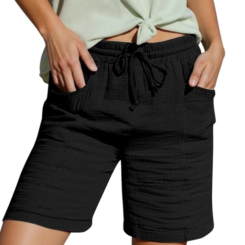 Shorts Damen Leinen Musselin Kurze Hose Beach Mit Taschen Mode Lässige Stoffhose Freizeit Stretch Gerades Bein Kordelzug Leinenhose Damen Bermuda Sommer Kurze Hose Sport Shorts