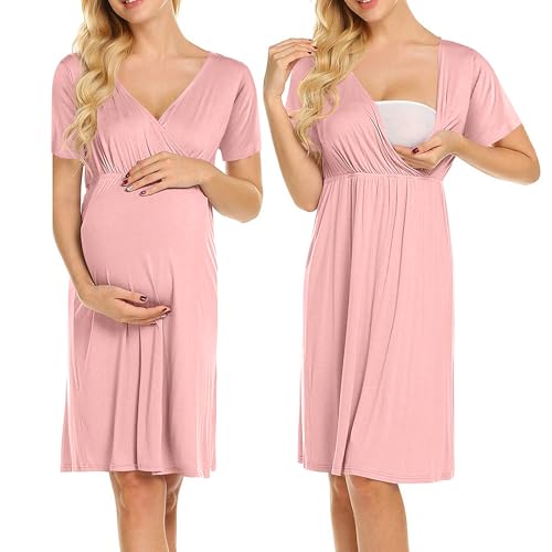 Weardear Stillen Nachthemd Damen Kurzarm V Ausschnitt Mutterschaft Nachtwäsche mit Stillfunktion Umstandsnachthemd Rosa L