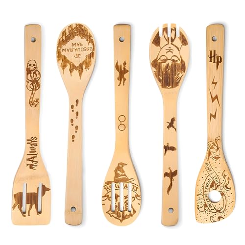 YALiya Holzlöffel-Set mit 5 – lustige magische Bambus-Löffel, Küchenzubehör zum Kochen, Einweihungsgeschenk, Weihnachten Geschenke für Frauen oder Männer (Küchen-/Hausdekor)