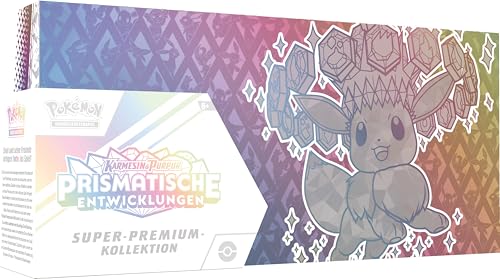 Pokémon-Sammelkartenspiel: Super-Premium-Kollektion Karmesin & Purpur – Prismatische Entwicklungen (1 holografische Vollbild-Promokarte,1 Flauschige Evoli-Deckbox & 15 Boosterpacks)