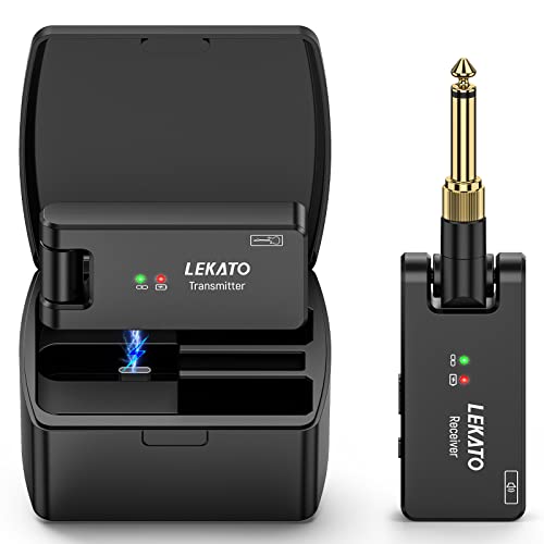 LEKATO 2.4GHz Aufgerüstet Wireless Gitarrensystem E Gitarren Sender mit Kabellos Gitarre Transmitter Receiver für Gitarren Sender und Empfänger E Gitarre Bass Sender (Schwarz(WS100))