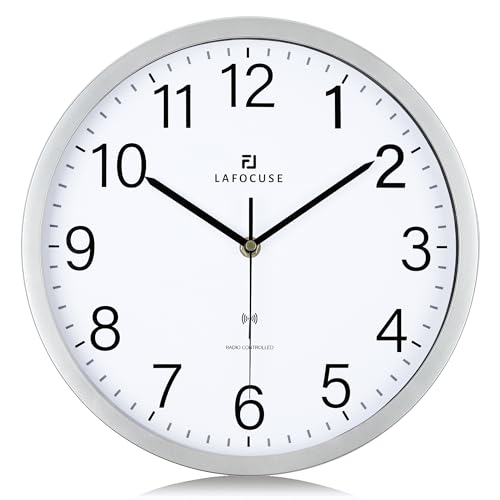 Lafocuse Funk Wanduhr Lautlos Modern 30cm, Hohe Genauigkeit Funkuhr Einfach zu Lesen, Silber Klassisch Wanduhr Analog Deko für Wohnzimmer Schlafzimmer Büro Küche