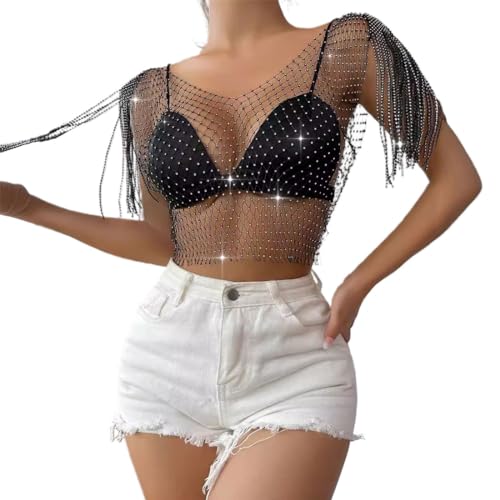 LEEQ Strass Glänzendes Mesh Körperkette Tops - Funkelnde Bikini Crop Top für Frauen, Schwarze Strasssteine Tops, für Nachtclub Party Festival