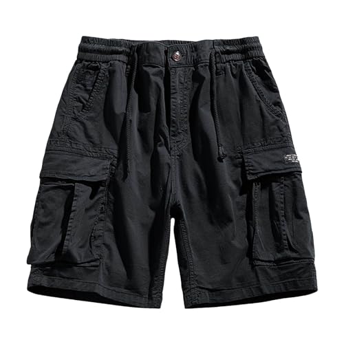 Leinen Herren Shorts einfache vielseitige, Kurze Hose, mittlere einfarbige Herren-Cargo-Shorts Sommer(Schwarz,33)