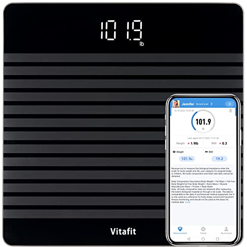 Vitafit Digitale Personenwaage Waage mit Gewicht und BMI, Smarte Körperwaage mit App via Bluetooth, Rutschfeste Plattform,Schwarz