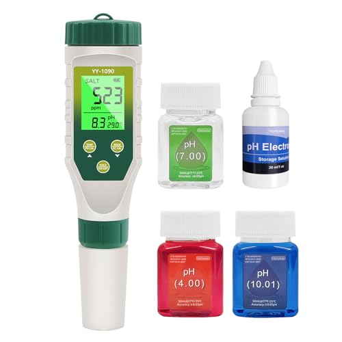 Homcoice PH Messgerät 5 IN 1, PH EC TDS Salzgehalts Temperatur Meter mit innovativer DREI-Daten Simultananzeige, Pool pH Test IP67 wasserdicht, Salzgehalt Tester für Trinkwasser, Aquarien