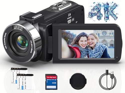Videokamera 4K Camcorder HD 80MP 30FPS mit IR Nachtsicht, 18X Digitalzoom Webcam Videokamera, 3,0-Zoll 270° Drehung Ausgestattet IPS Screen Vlogging Kamera für YouTube mit 2 Batterien, 32GB SD Karte