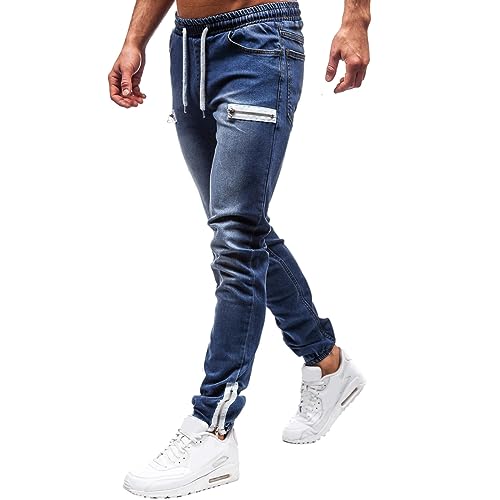 NHNKB Herren Hosen Herrenmode Casual Shorts Hose Reine Farbe Jean mit Reißverschlusstasche Jean Hose Solide Mode Jean Kurze Hosen Mit Gummibund Herren (Dark Blue, L)