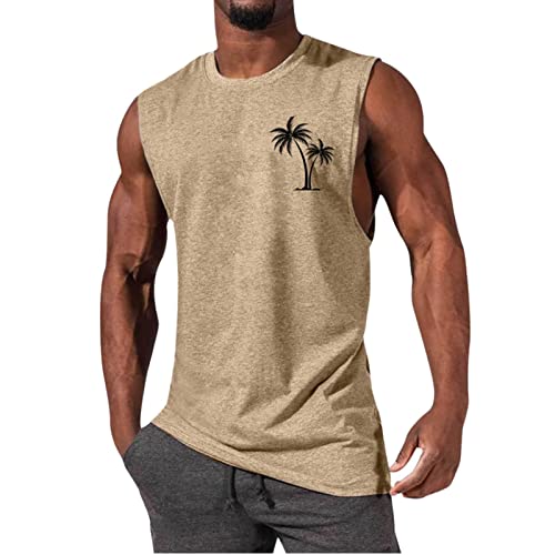 Unterhemd Herren Sommer Tank Top Einfarbig Tanktops Rundhals Herren-Unterhemden Freizeit Trägershirt Regular Fit Shirt Ärmellose Tshirt Leichte Muskelshirt Baumwolle Palme Top (01 Khaki, L)