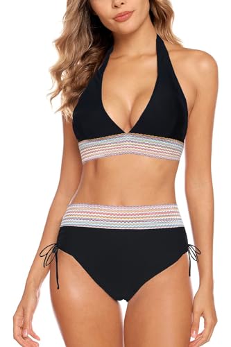 Aidotop Damen Bikini Set Bademode Bauchkontrolle Hohe Taille Bikini Sets Hohe Taille V Ausschnitt Verstellbar Zweiteiliger Badeanzug Swimsuit(1Black,L)