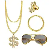 TBXNVG Zuhälter Kostüm Set, Goldene Dollar Kette & Ring Brille Persönlichkeit Halloween Hip Hop Kostüm Kit, Herren 80er 90er für Faschingszubehör, Geburtstag Party Faschingskostüme