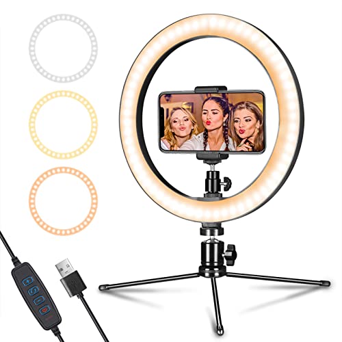 AIXPI Ringlicht mit Stativ & Handyhalter 10 Zoll, Dimmbare LED Tischringlicht, USB, für YouTube Selfie, TikTok, Makeup/Fotografie Kompatibel mit Smartphone