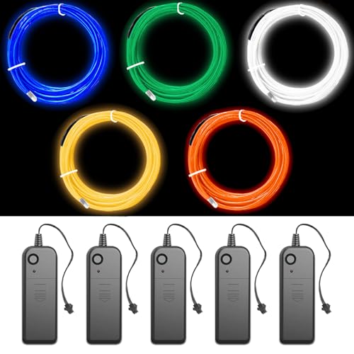 Joycabin 5 Stück EL Draht, 3M Neon Kabel Mit Batterie Trafo, Portable Neon leuchtende Wearable LED Lights für Partys, Karneval, Halloween, DIY Kostüm Dekoration (Blau, Grün, Orangerot, Gelb, Weiß)