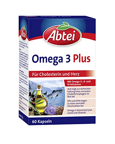 Abtei Omega 3 Plus - Nahrungsergänzungsmittel reich an Omega-3-Fettsäuren für den Cholesterinspiegel und die Herzfunktion - mit Vitamin E und Folsäure - 1 x 60 Kapseln